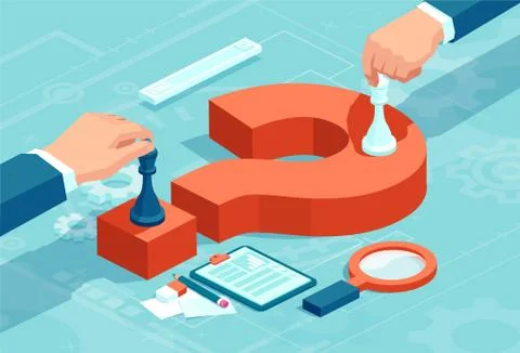 Vector concept of businessmen moving chess pieces on red question mark Stock Illustration