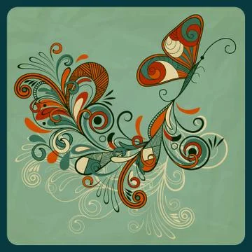Vector concept butterfly and abstract branch on crumpled paper texture Stock-Illustration
