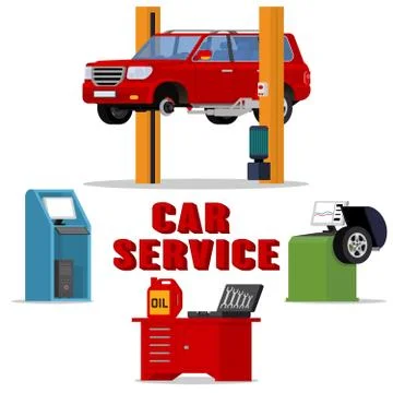 Vector concept car services - car repair and diagnostics. Tire fitting service Stock Illustration