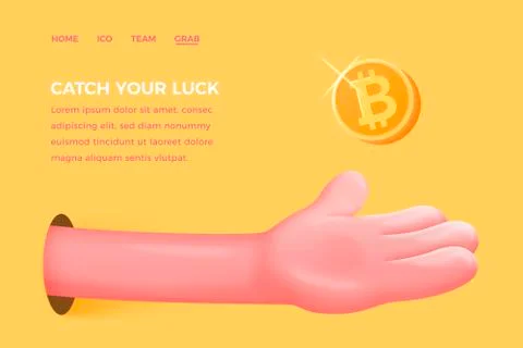Vector concept - cartoon 3d cartoon plastic palm catching golden bitcoin Stock Illustration