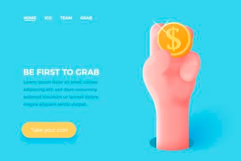 Vector concept - cartoon 3d realistic hand holding golden dollar coin Illustrazione stock