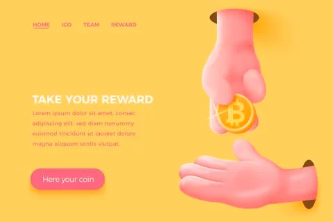 Vector concept - cartoon 3d realistic hand give golden bitcoin to other Stock Illustration