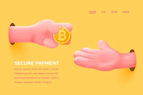 Vector concept - cartoon 3d realistic hand give golden bitcoin to other Stock Illustration