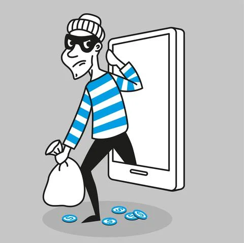 Vector concept. Cyber Thief steals personal data and funds from a mobile phon Stock Illustration