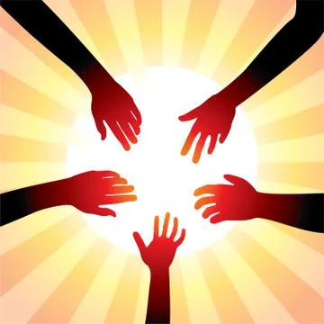 Vector concept of friendly hands around sun 库存插图