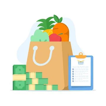 Vector concept of grocery bag and budget checklist, highlighting cost tracking. Stock Illustration