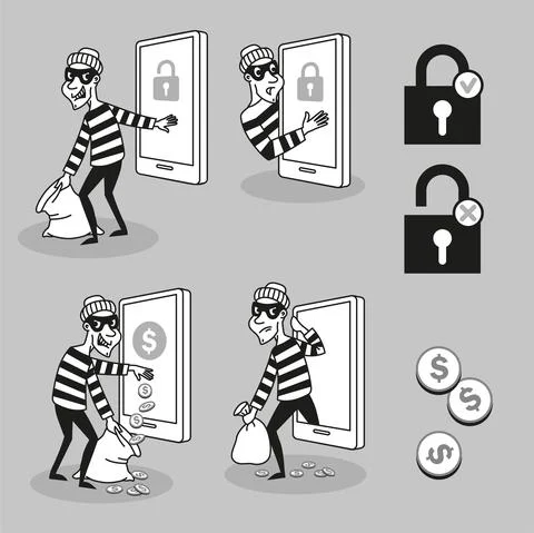 Vector concept. Hacker steals personal data and funds from a mobile phone. Ch Stock Illustration