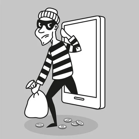 Vector concept. Hacker steals personal data and funds from a mobile phone Stock Illustration