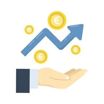 Vector concept of hand with arrow and euro coin, highlighting investment growth. Stockillustratie