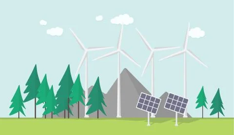 Vector concept illustration, flat eco design. Green energy, urban landscape,  Stock Illustration
