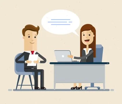 Vector concept of job interview women in flat style. Jobseeker and employer sit Stock Illustration