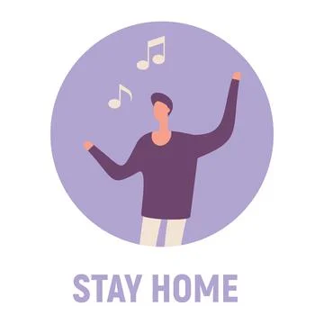 Vector concept with man on quarantine and self isolation sing songs Stock Illustration