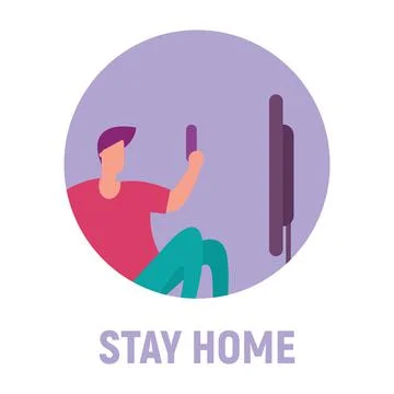 Vector concept with man on quarantine and self isolation watching movie Stock Illustration