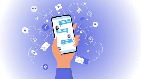 Vector. Concept of online conversation. A hand holds a phone with an open chat. Stock Illustration