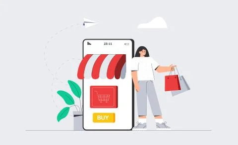 Vector concept online shopping with characters. Woman with shopping bags Stock Illustration