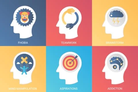 Vector Concept phobia, teamwork, brainstorm, mind manipulation, inspiration Stock Illustration