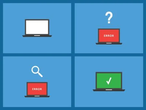 Vector concept of repair laptop, error and fix in flat color. Stock Illustration