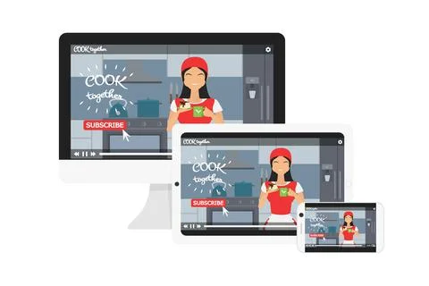 Vector concept of responsive web design for blog. Adaptive video player Stock Illustration