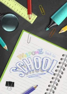 Vector concept of Welcome back to school design of hand drawn text on notebook Stock Illustration