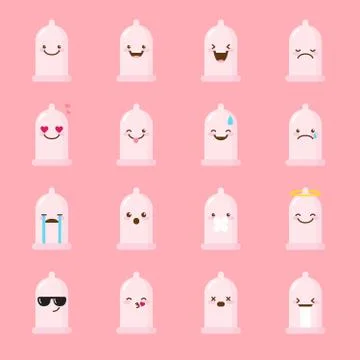 Vector condom emoji set. Funny emoticons. Stock Illustration