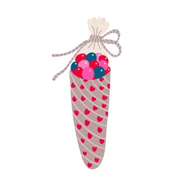 Vector cone bag with sweets decorated with hearts and twine rope. Stock Illustration