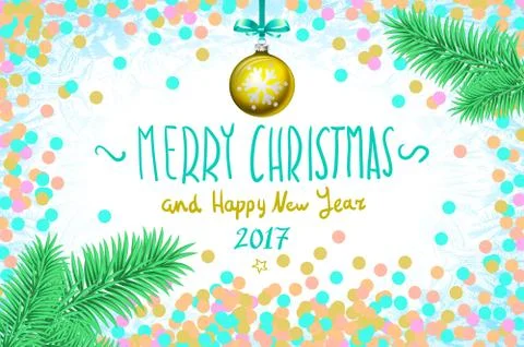 Vector confetti on the table, a hand-written inscription merry christmas an.. Stock Illustration