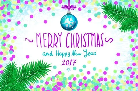 Vector confetti on the table, a hand-written inscription merry christmas an.. Stock Illustration