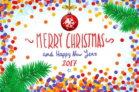 Vector confetti on the table, a hand-written inscription merry christmas an.. Stock-Illustration