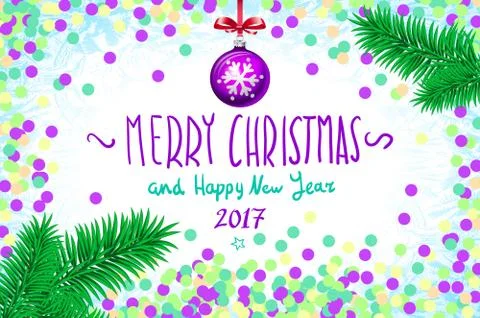 Vector confetti on the table, a hand-written inscription merry christmas an.. Stock Illustration