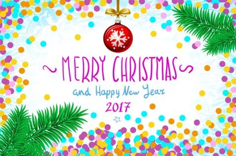 Vector confetti on the table, a hand-written inscription merry christmas an.. Stock Illustration