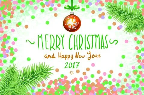 Vector confetti on the table, a hand-written inscription merry christmas an.. Stock Illustration