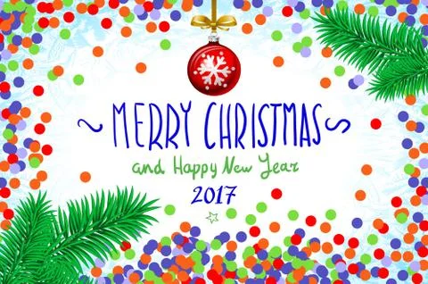 Vector confetti on the table, a hand-written inscription merry christmas an.. Stock Illustration