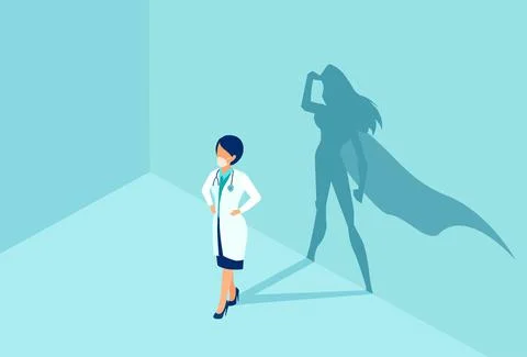Vector of a confident female nurse or doctor with a superhero shadow on the w Stock Illustration