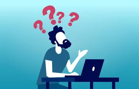 Vector of a confused man sitting at desk with laptop computer Stockillustratie