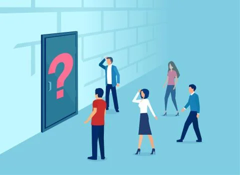 Vector of confused people standing in front of a closed door with question ma Stock Illustration