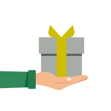 Vector congratulation flat illustration with gift box in hands b Stock Illustration