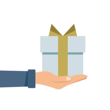 Vector congratulation flat illustration with gift box in hands a Stock Illustration