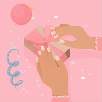 Vector congratulation flat illustration with gift box in hands Stock Illustration