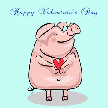 Vector Congratulation Happy Valentine's Day with a Pig Holding a Heart Stock Illustration