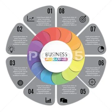 Vector connected polygon infographic diagram. Circular chart with 8 ...