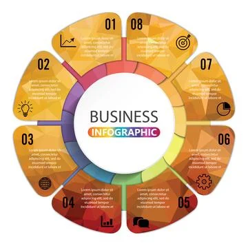 Vector connected polygon infographic diagram. Circular chart with 8 options.. Stock Illustration