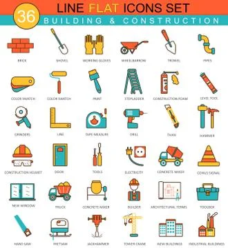 Vector Construction and building tools flat line icon set. Modern elegant style Stock Illustration