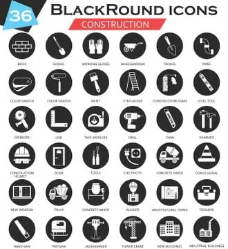 Vector Construction and building tools circle white black icon set. Ultra modern Ilustración de archivo