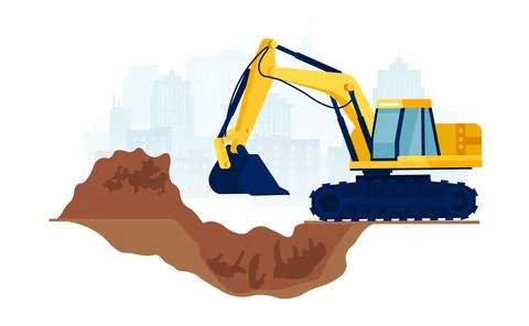 Vector of a construction site with excavator moving with raised shovel diggin Stock Illustration