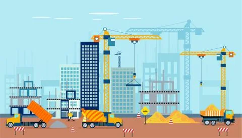 Vector of a construction site with machinery building a high rise apartment c Ilustración de archivo