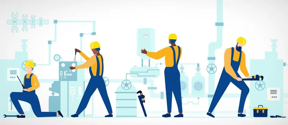 Vector of construction team installing or repairing home heating supply syste Stock Illustration