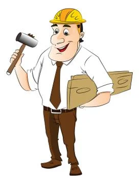Vector of construction worker holding hammer and wooden planks. Illustrazione stock