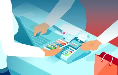 Vector of a consumer keeping smartphone over cashier machine to pay for purch Stock Illustration