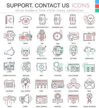 Vector contact us support modern color flat line outline icons for apps and web Иллюстрация
