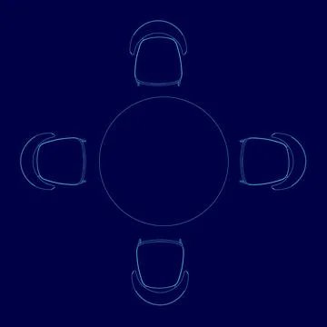 Vector contour flat style chairs and round table on blue background . Top view Stock Illustration